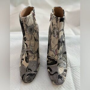 Woven Floral Ankle Boots in Cream and Gray - Women's